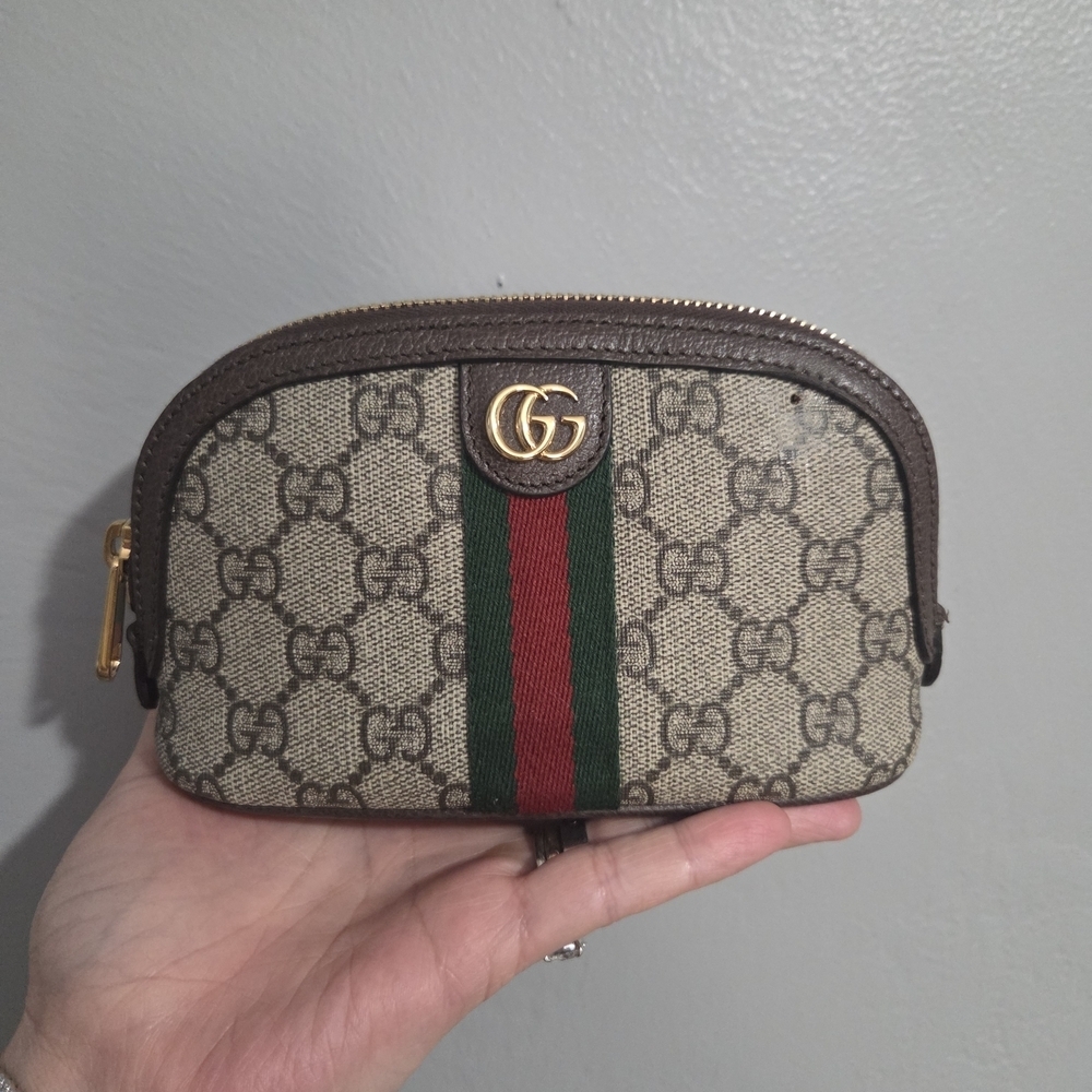 Gucci Ophidia GG Canvas Cosmetic Pouch in Beige/Brown with Green-Red Web - Picture 2 of 10